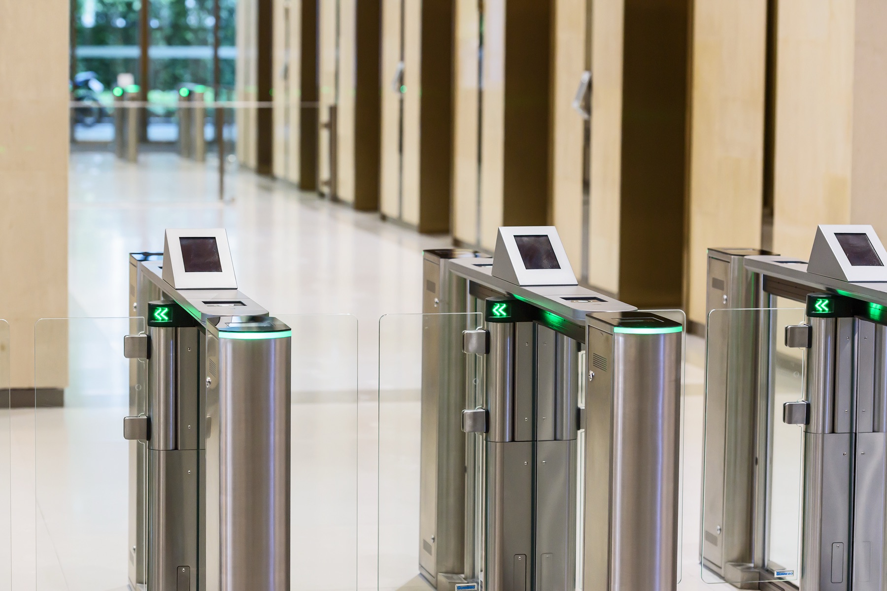 Access-control turnstiles at a building entrance